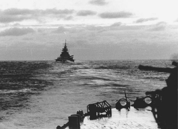 Bismarck astern of Prinz Eugen