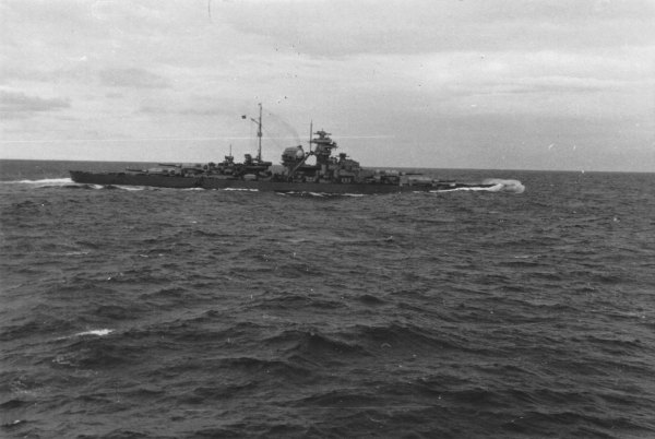 Bismarck down by the bow